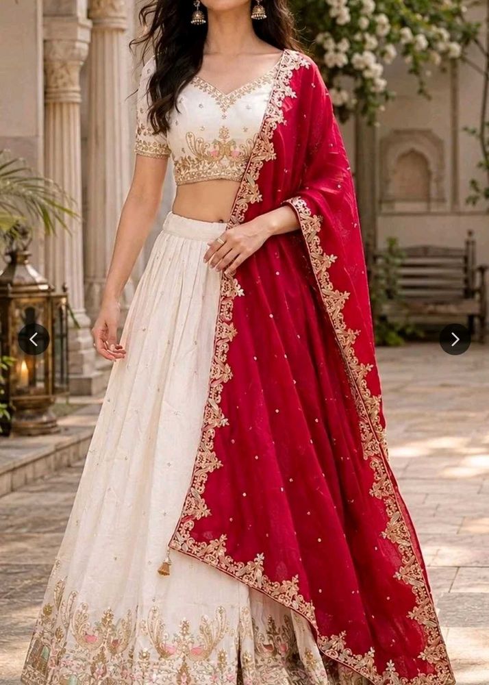 Ivory &amp; Red Embroidered Lehenga Choli with Dupatta