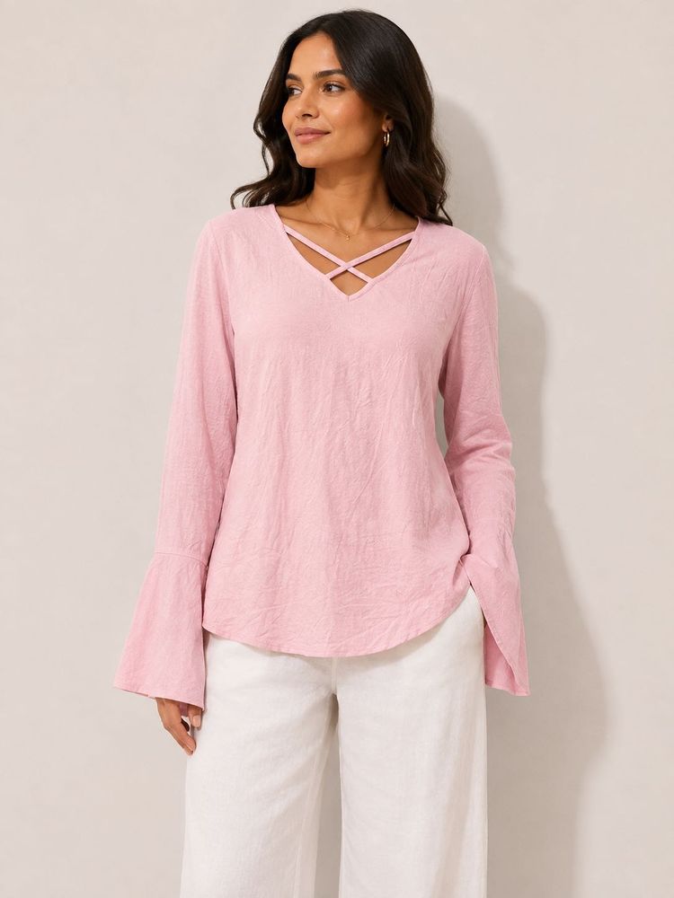 Pink Bell Sleeve V-Neck Top