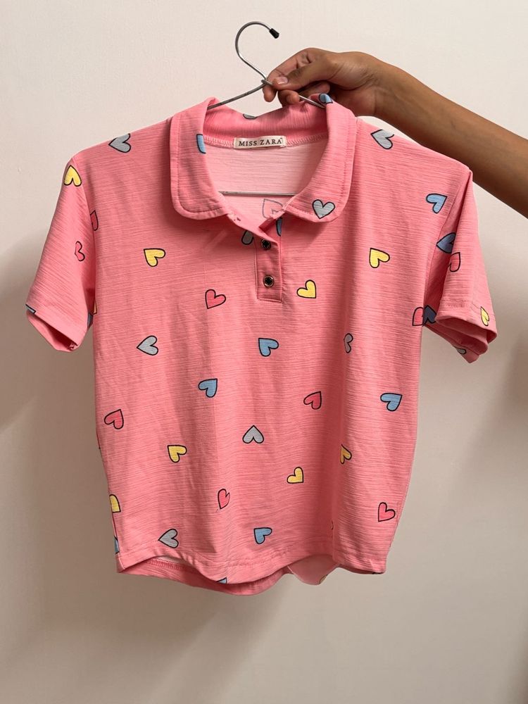 Cute Pink Heart Print Polo T-Shirt
