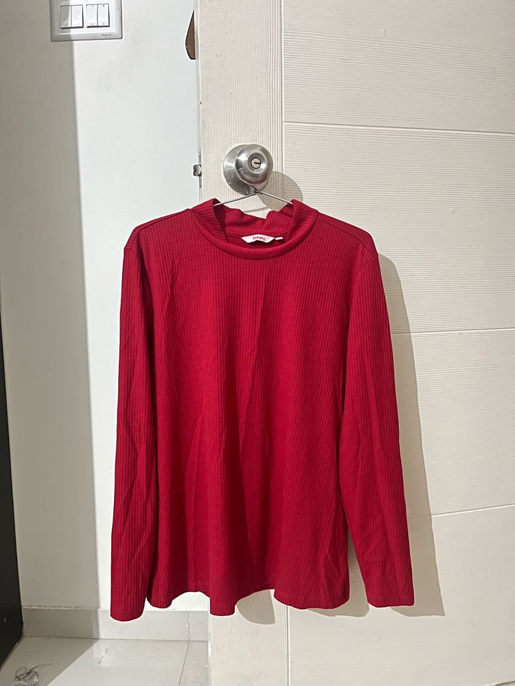 Red Ribbed Mock Neck Top