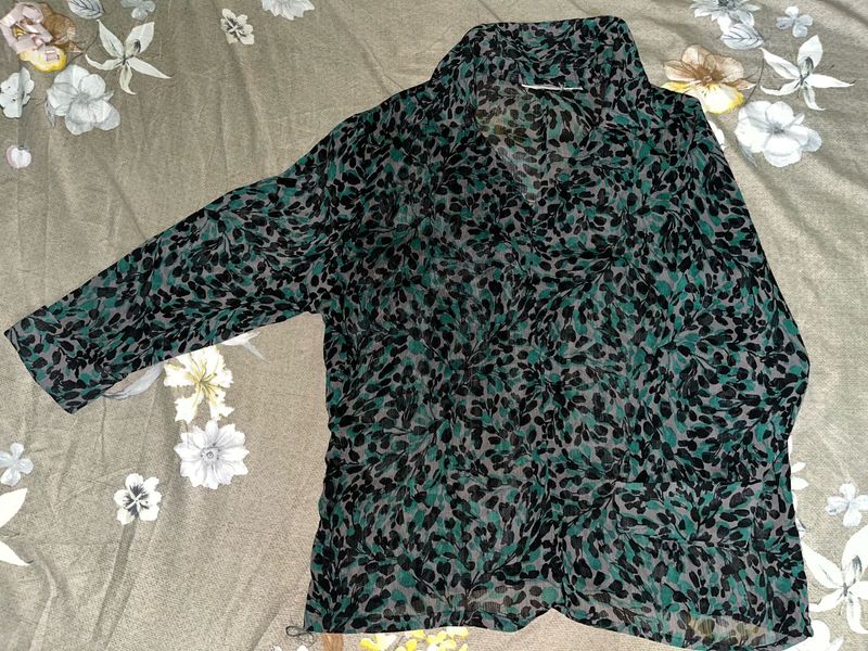 Sheer Leaf Print Button-Up Top