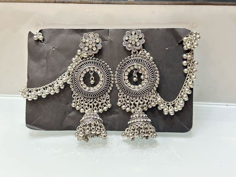 Oxidized Jhumka Earrings with Chain
