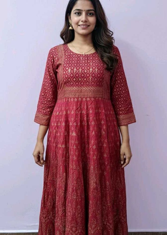 xxl full flared Red gold Printed Kurta