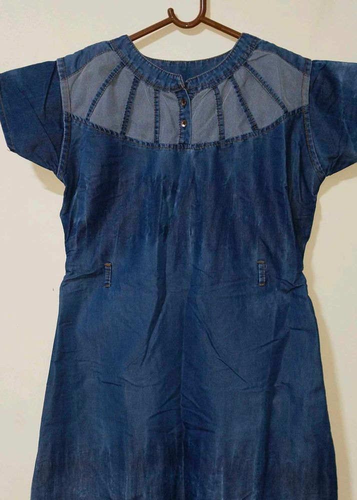 Denim Blue Short Sleeve Top with Sheer Yoke Detail