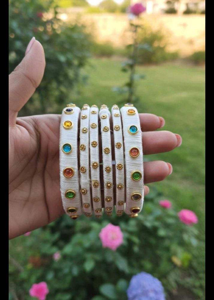 Set of 7 White Silk Thread Bangles