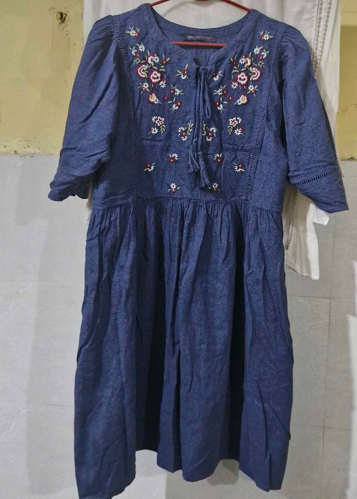Floral Embroidered Denim like  Dress