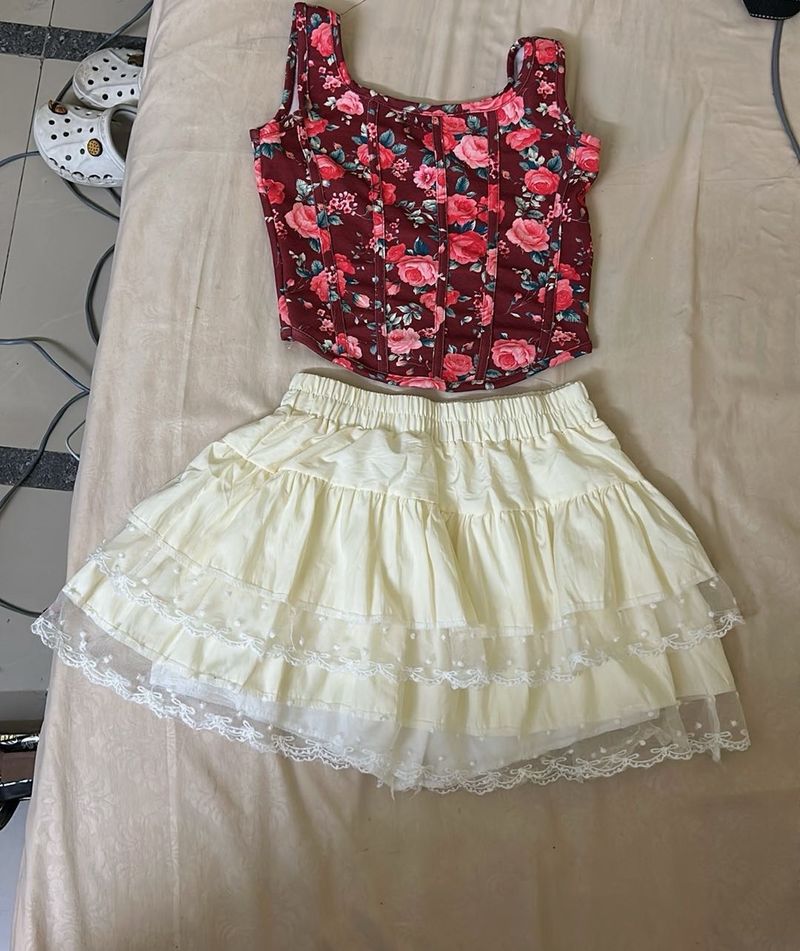 Floral Corset Top &amp; Tiered Mini Skirt Set