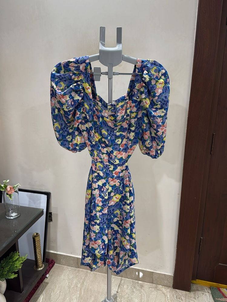 Blue Floral Puff Sleeve Dress