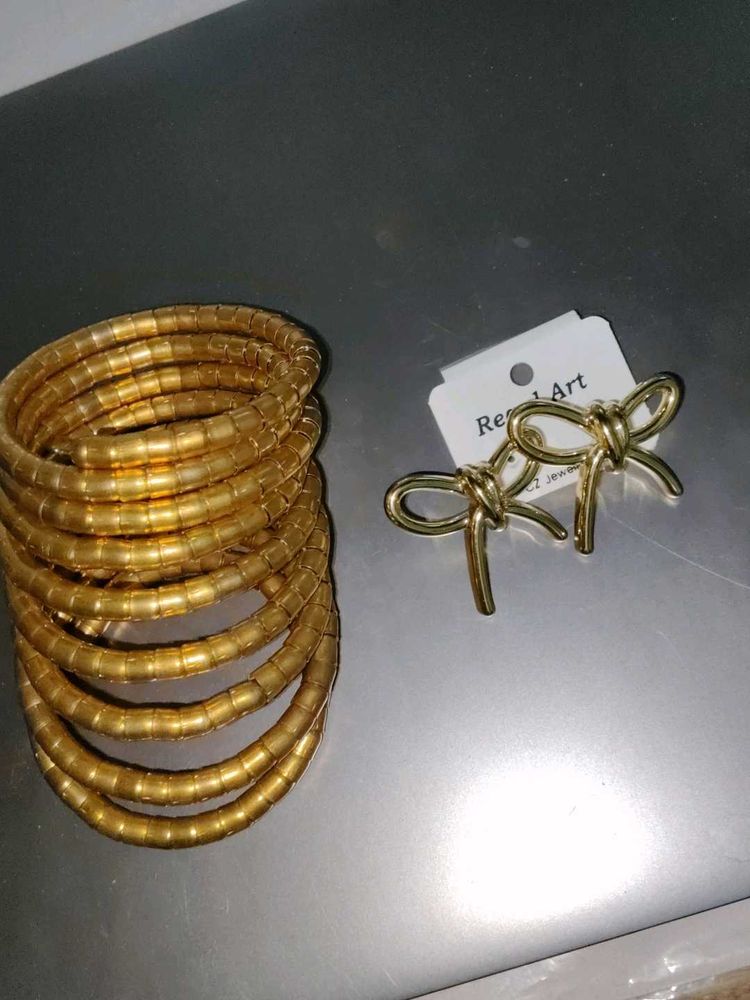 Gold Tone Coil Bangles &amp; Bow Earrings Set