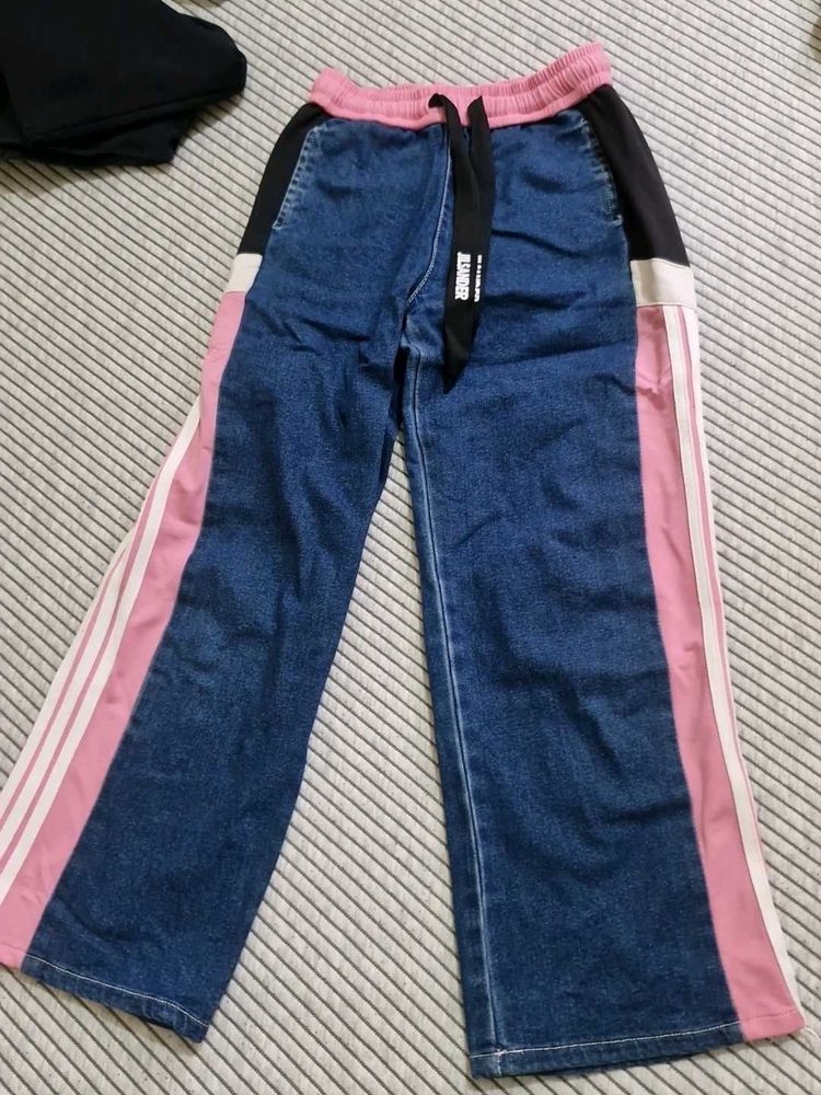 Stylish Blue Denim Pants with Pink Stripes