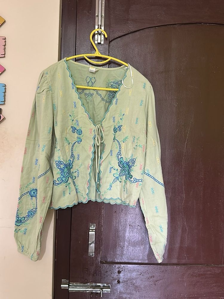 Boho Embroidered Tie-Front Blouse