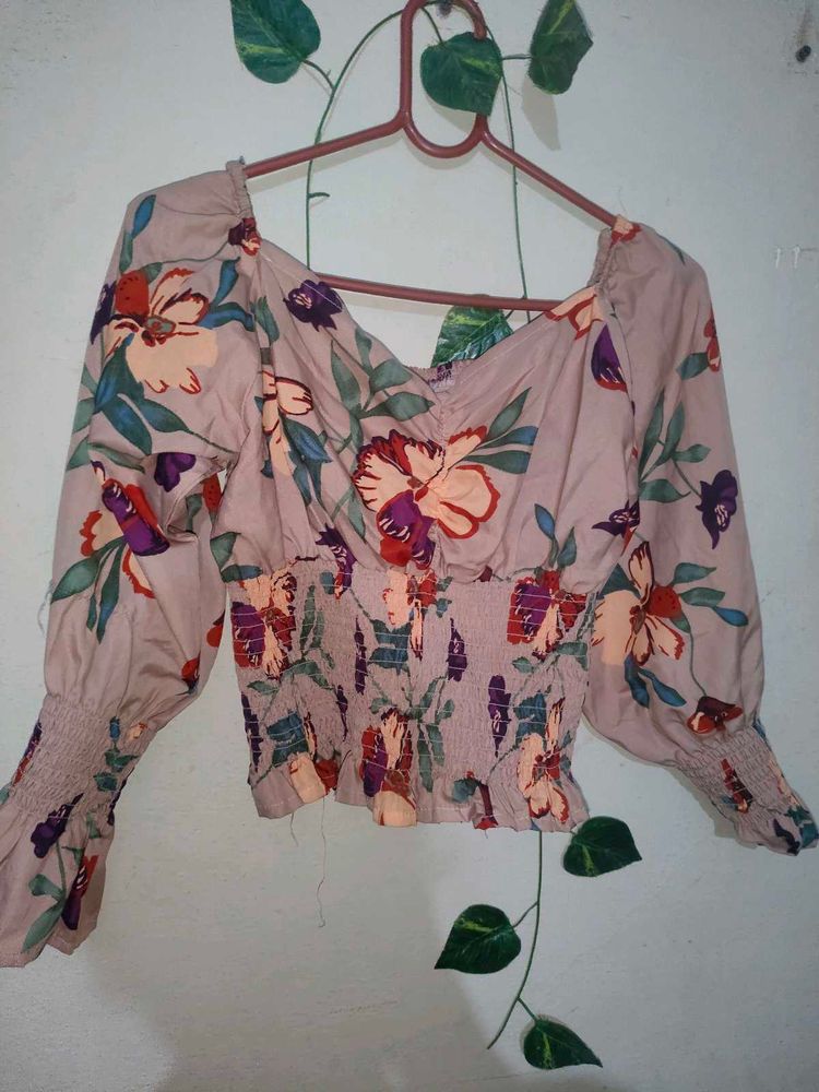 Floral Smocked Long Sleeve Crop Top