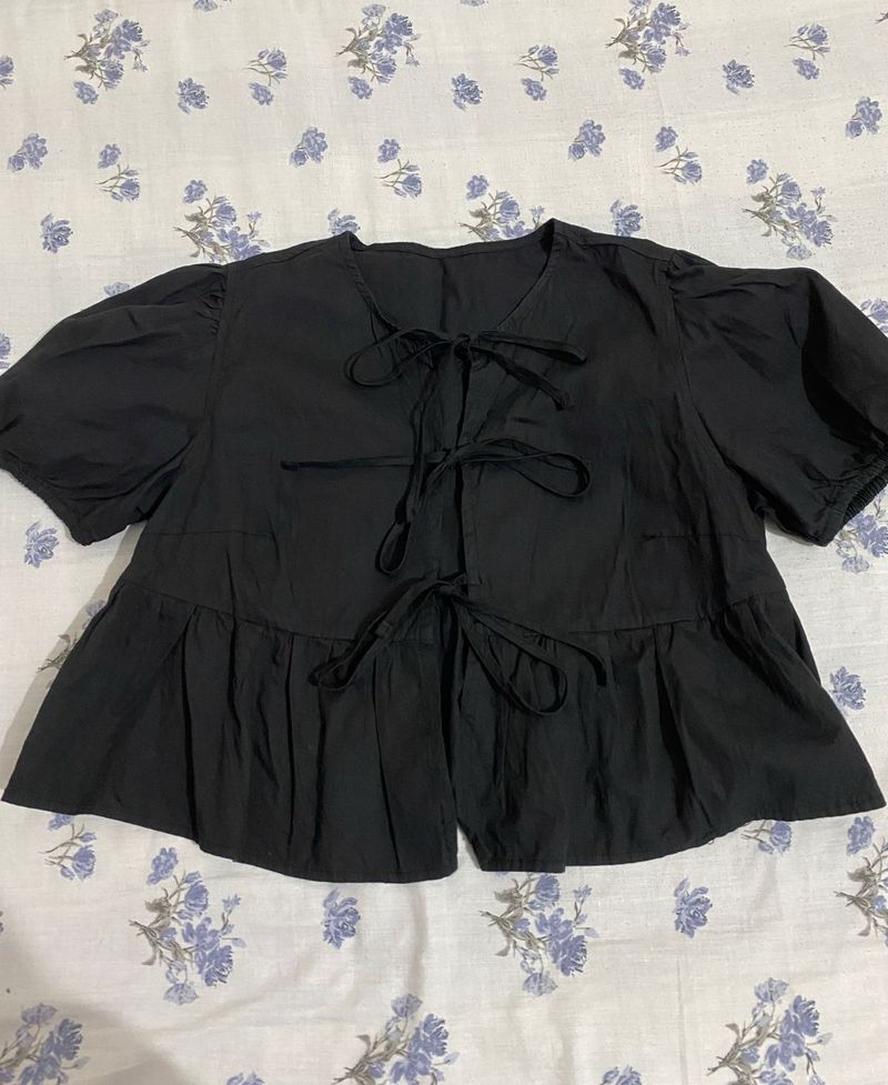 Black Peplum Tie-Front Top