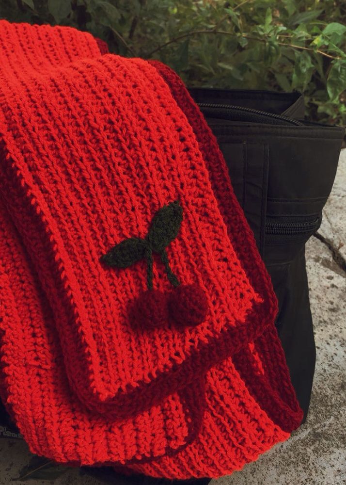 Charming Red Crocheted Scarf with Cherry Detail