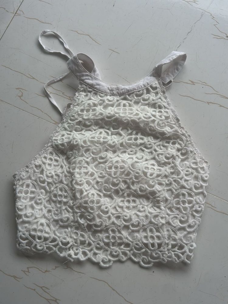 White Lace Halter Neck Crop Top