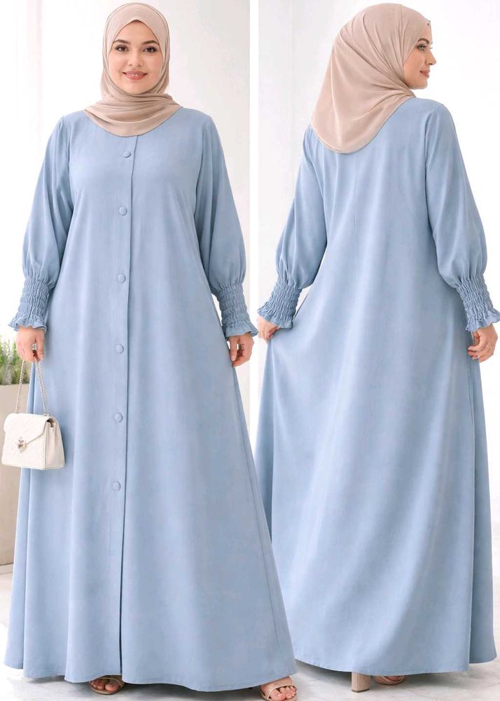 Elegant Blue Abaya with Smocked Cuffs