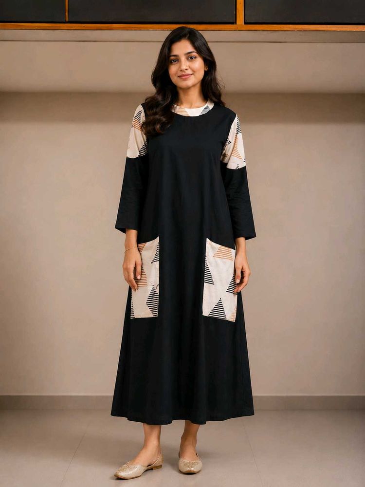 Stylish Black Kurta with Geometric Pockets