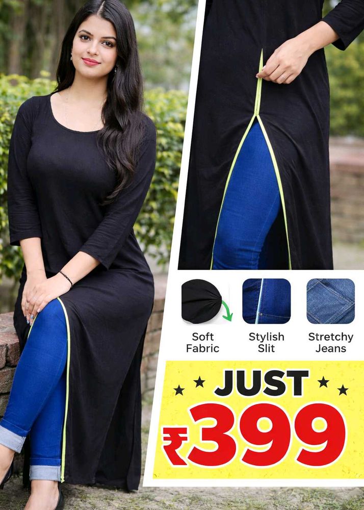 Stylish Front Slit Black Long Kurti | Trendy Indo-