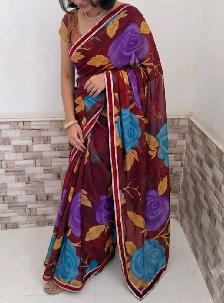 Elegant Maroon Organza/Chiffon Saree with Big Flor