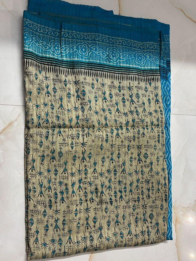 Blue cotton graphic design saree
