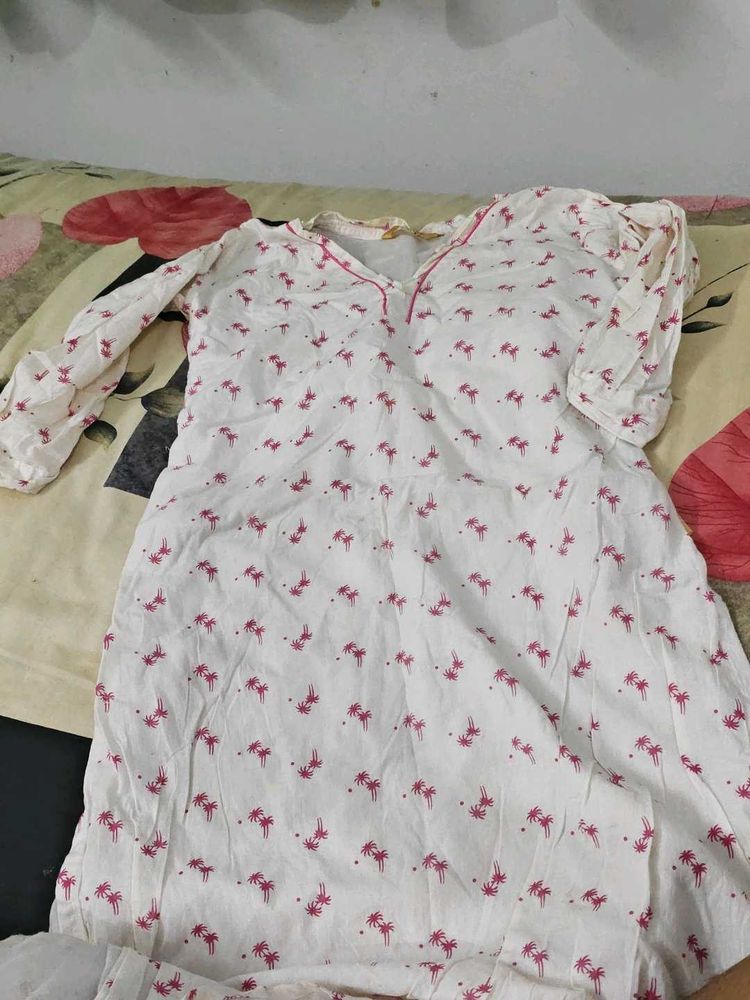 White Kurta with Pink Palm Tree Print