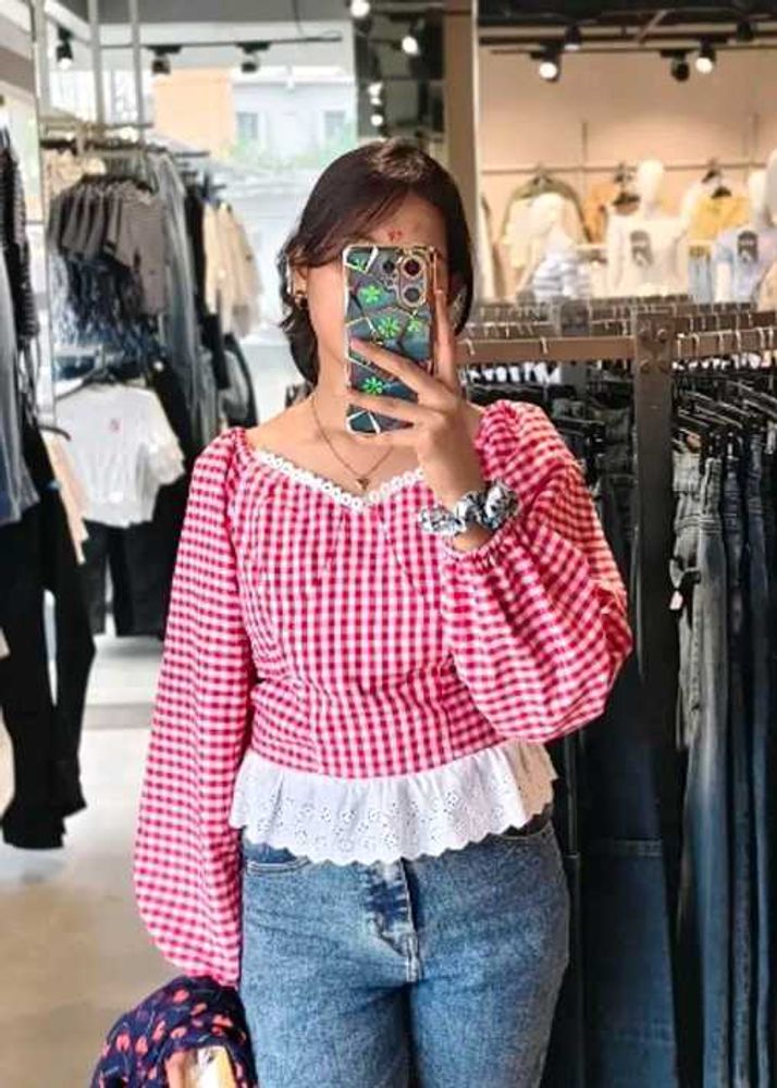 Red Gingham Crop Top with Lace Trim