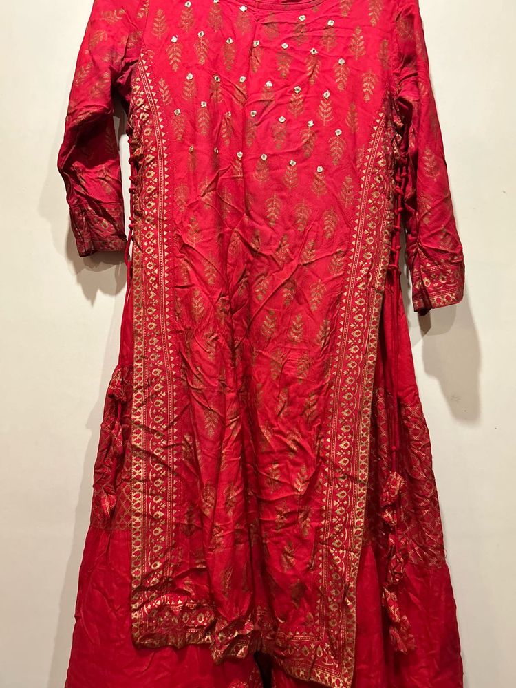 Red Floor Length Ethnic Dress with Gold Border