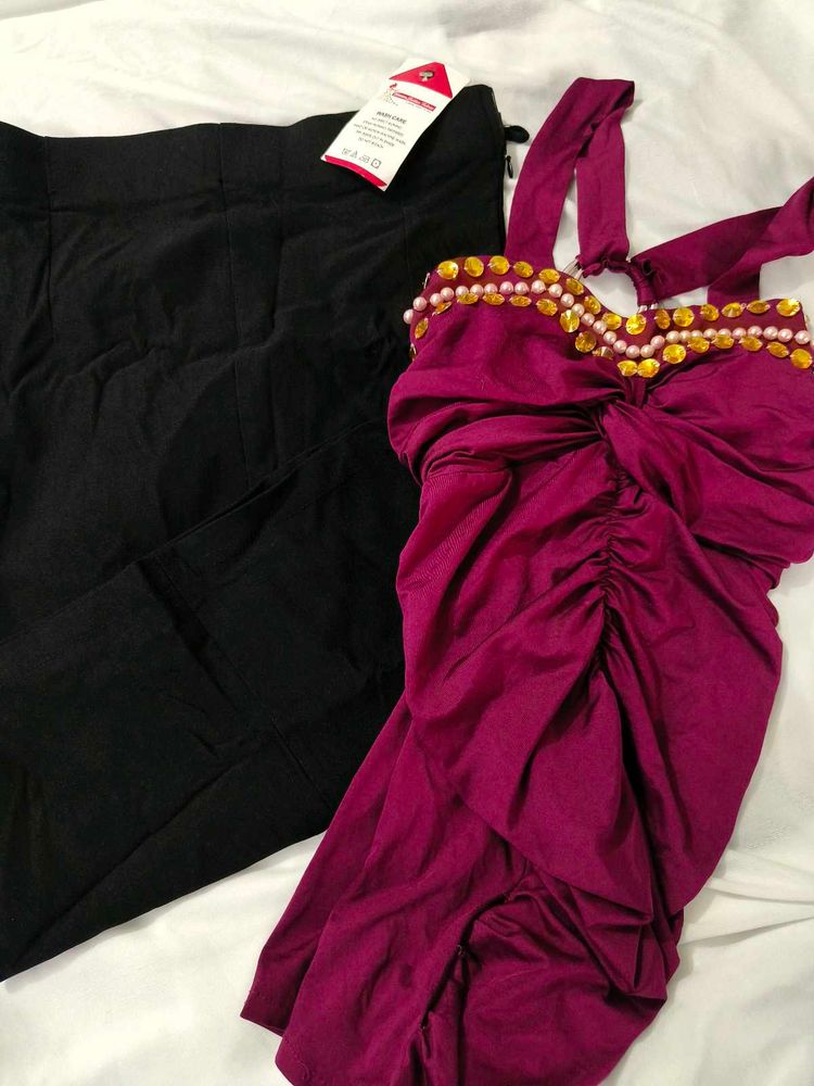 Elegant Ruched top with black skirt