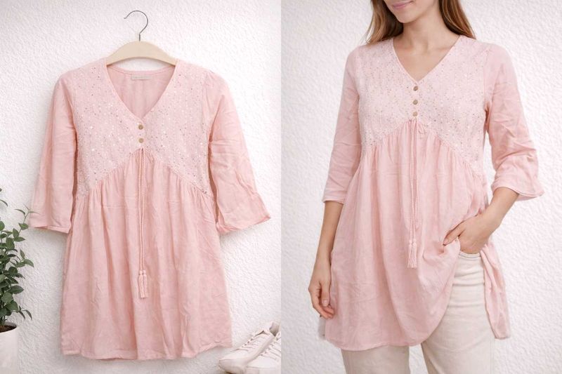 Pink Embroidered V-Neck Tunic Kurta