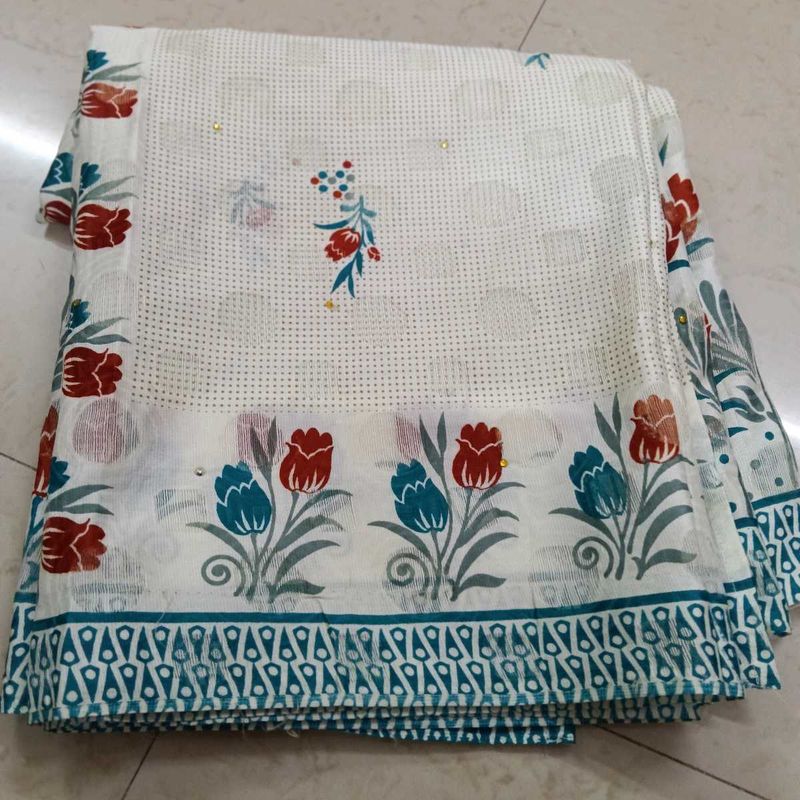 White Saree with Floral Print