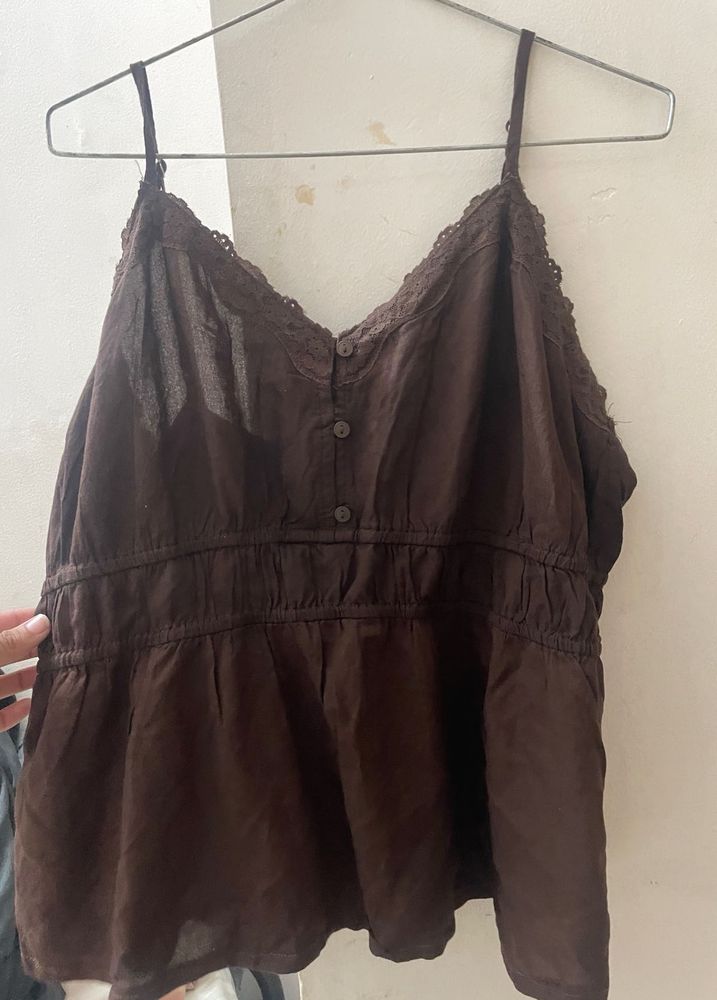 Brown Lace Trim Cami Top