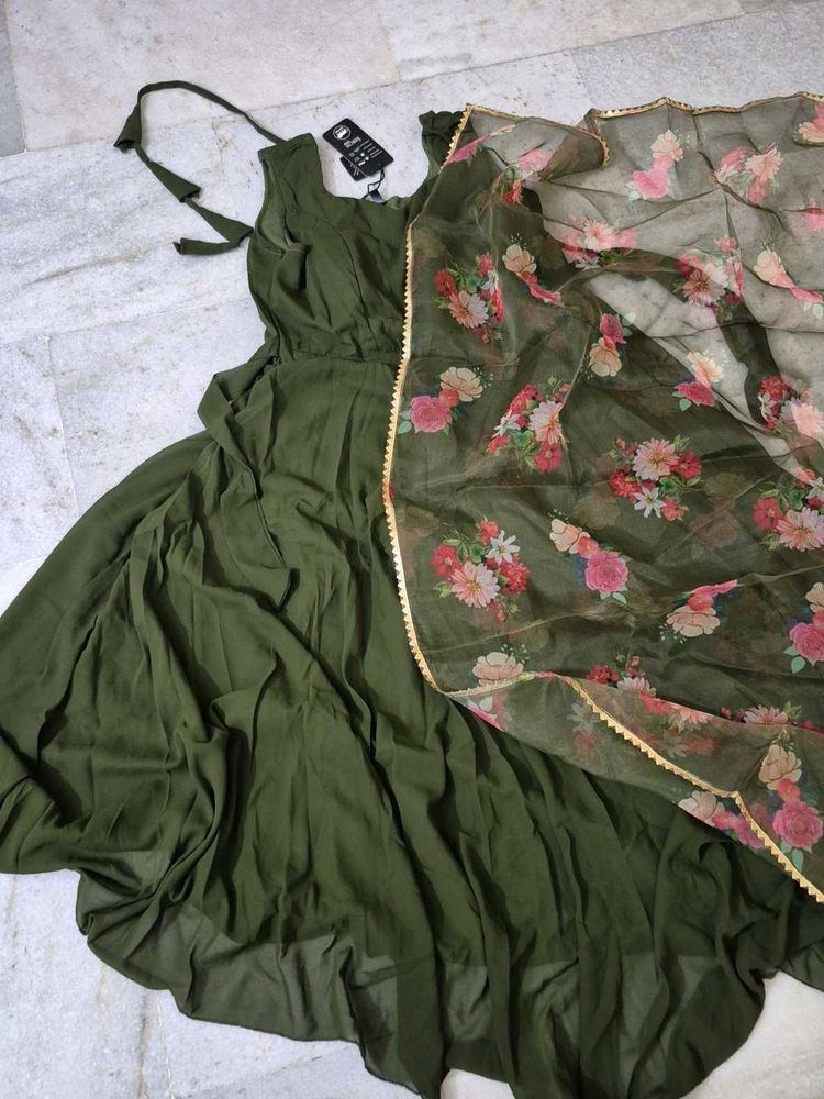 Olive Green only Kurti with Floral Dupatta