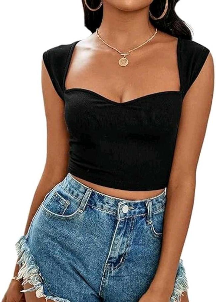 I. Chic Black Ribbed Sweetheart Crop Top