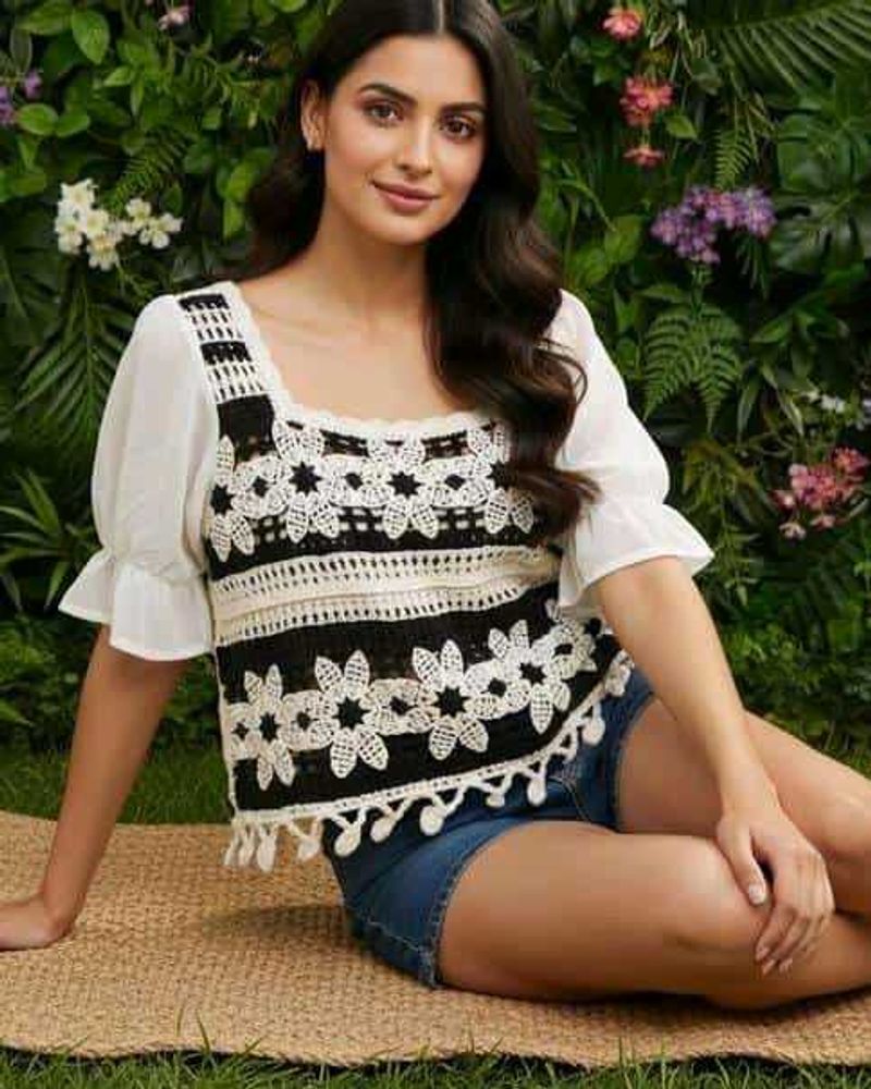 Crochet Floral Top with Ruffle Sleeves