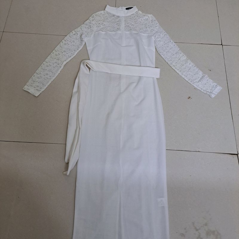 White dress with lace detailing. Belt not available