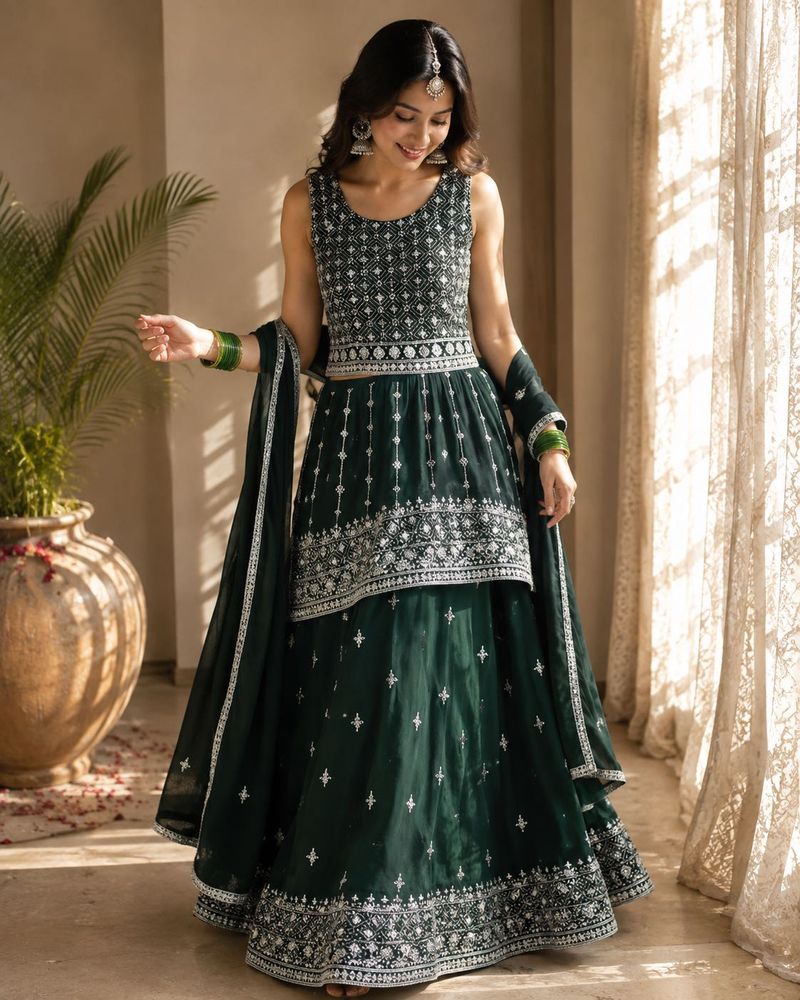 Stunning Emerald Green Embroidered Lehenga Choli