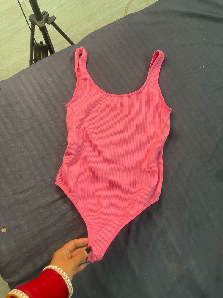 streachble Ribbed Pink Bodysuit