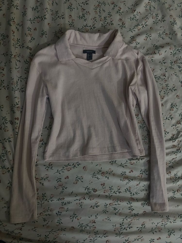 Ribbed Collared Long Sleeve Top