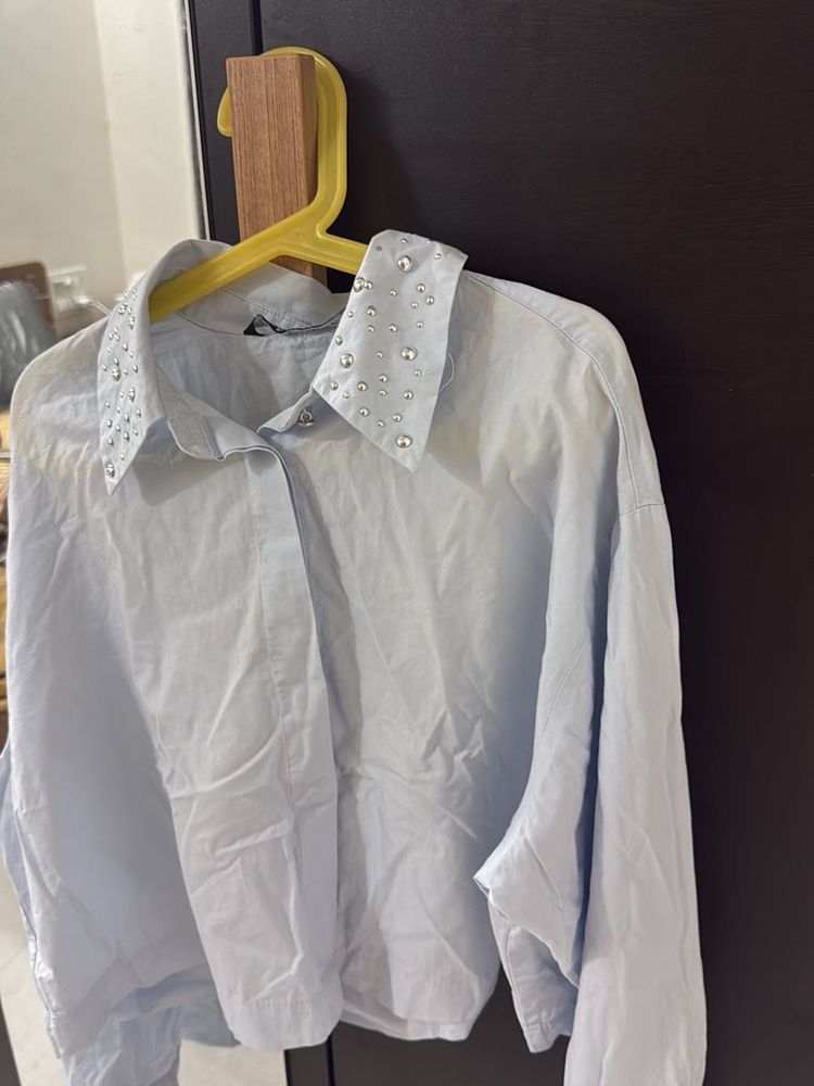 Blue Studded Crop Collar Shirt