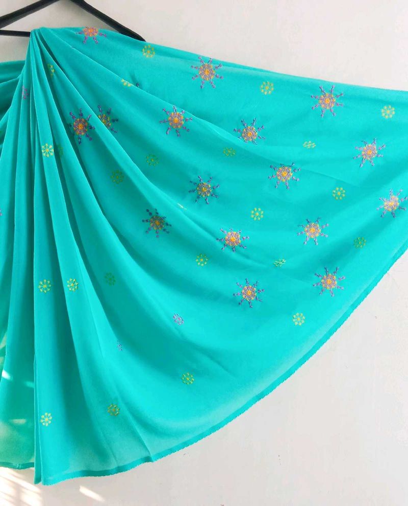 Elegant Turquoise Embroidered Saree