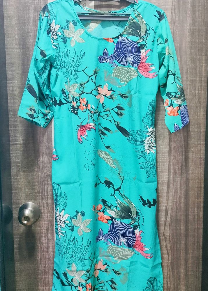 Pretty Aqua Blue Ladies Knee Length Kurta