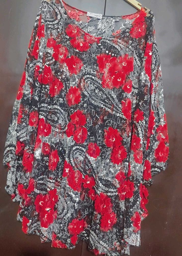 Red &amp; Black Floral Print Net Shrug For Free Size