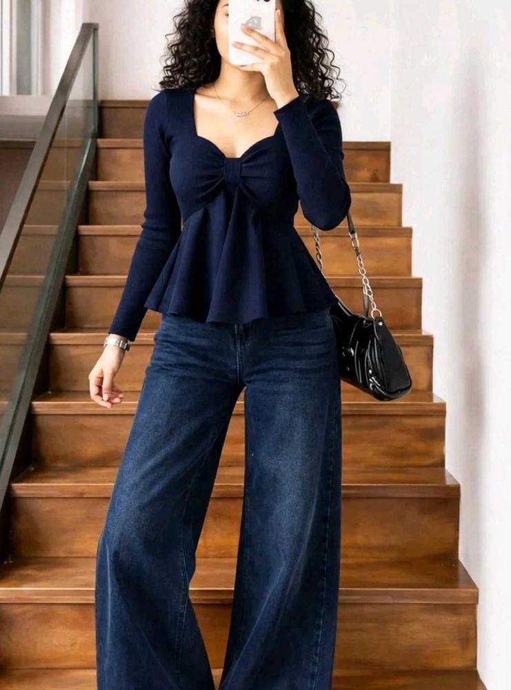 Chic Navy Blue Peplum Top