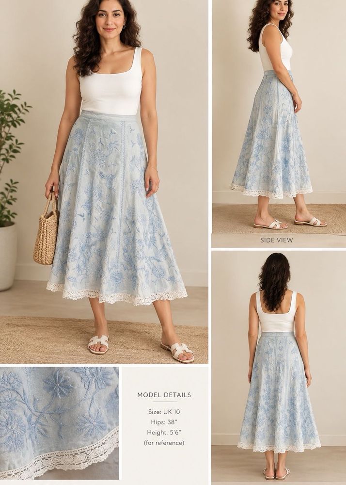 Light Blue Embroidered Midi Skirt