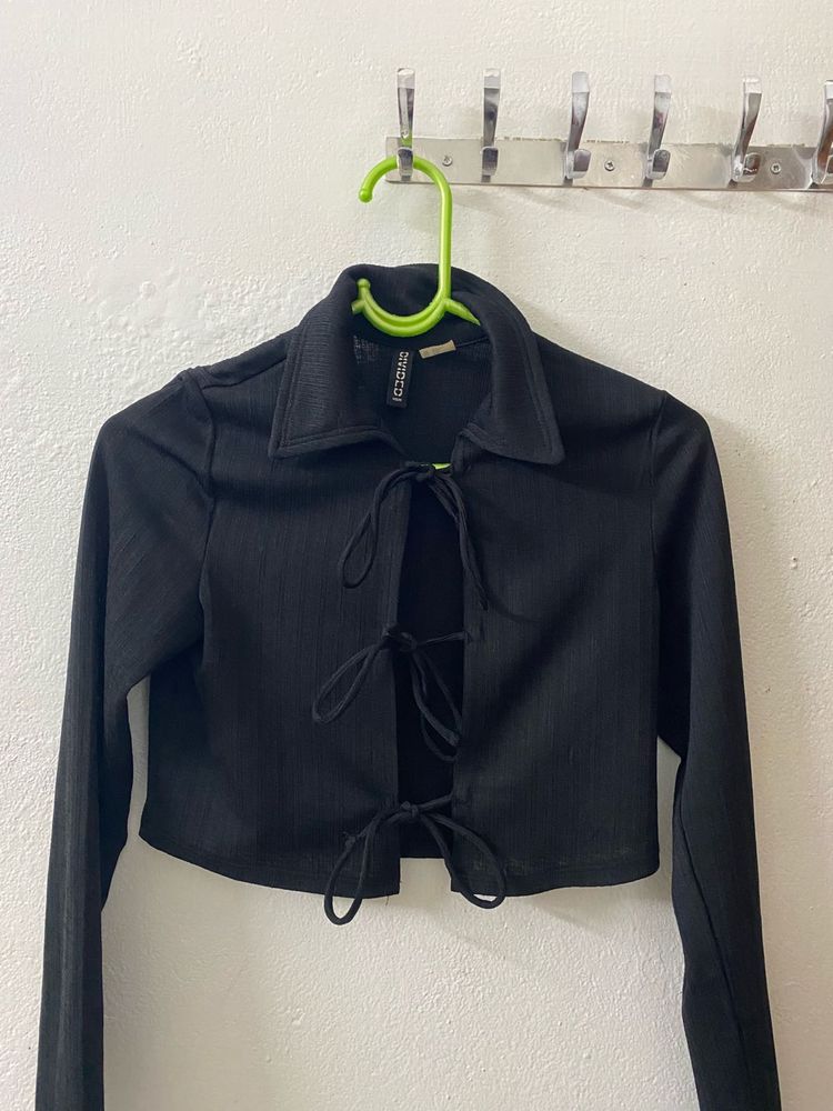 Black Tie Front Cropped Shirt