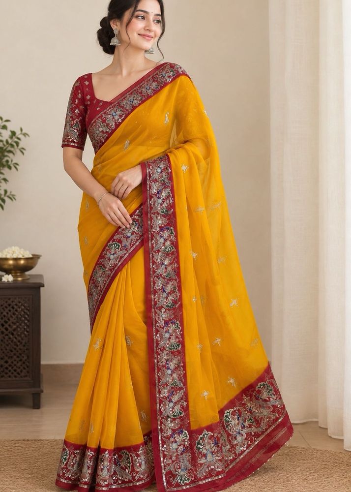 Embroidered Orange Saree