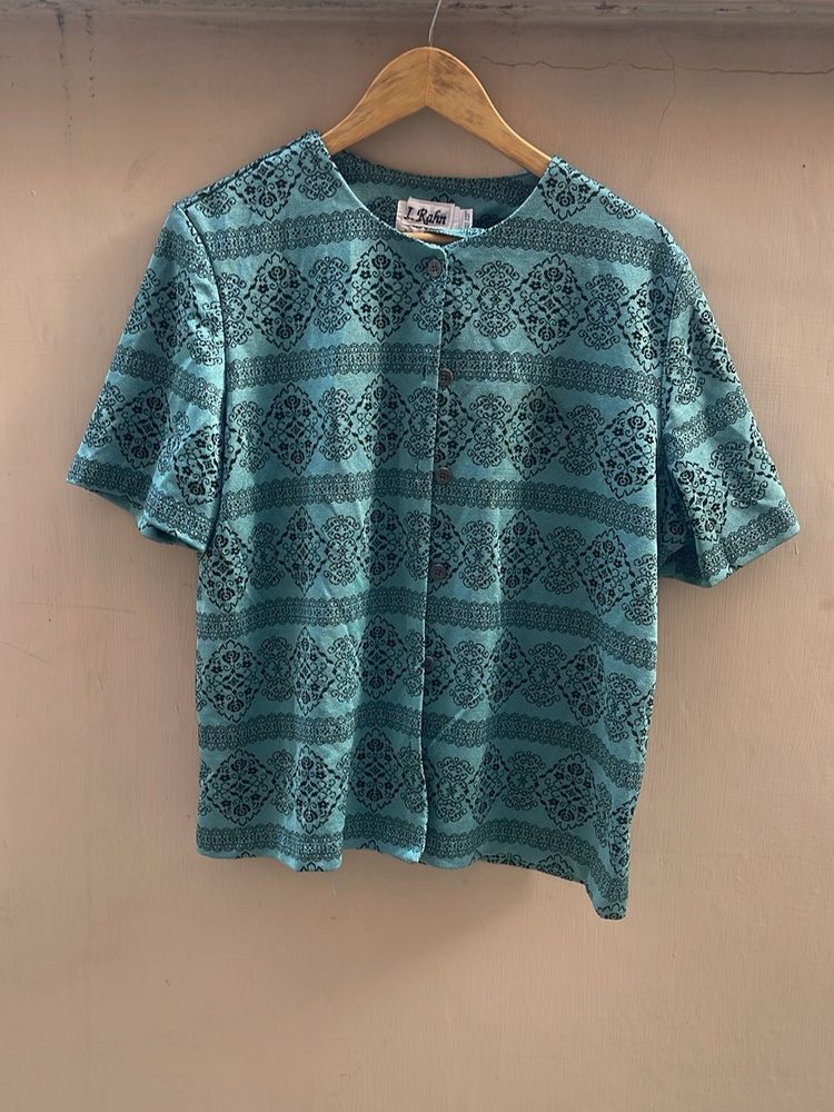 Blue Printed Short Sleeve Top