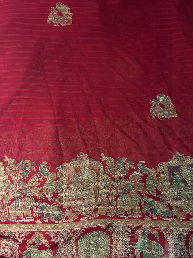 Vibrant Red Embroidered Saree