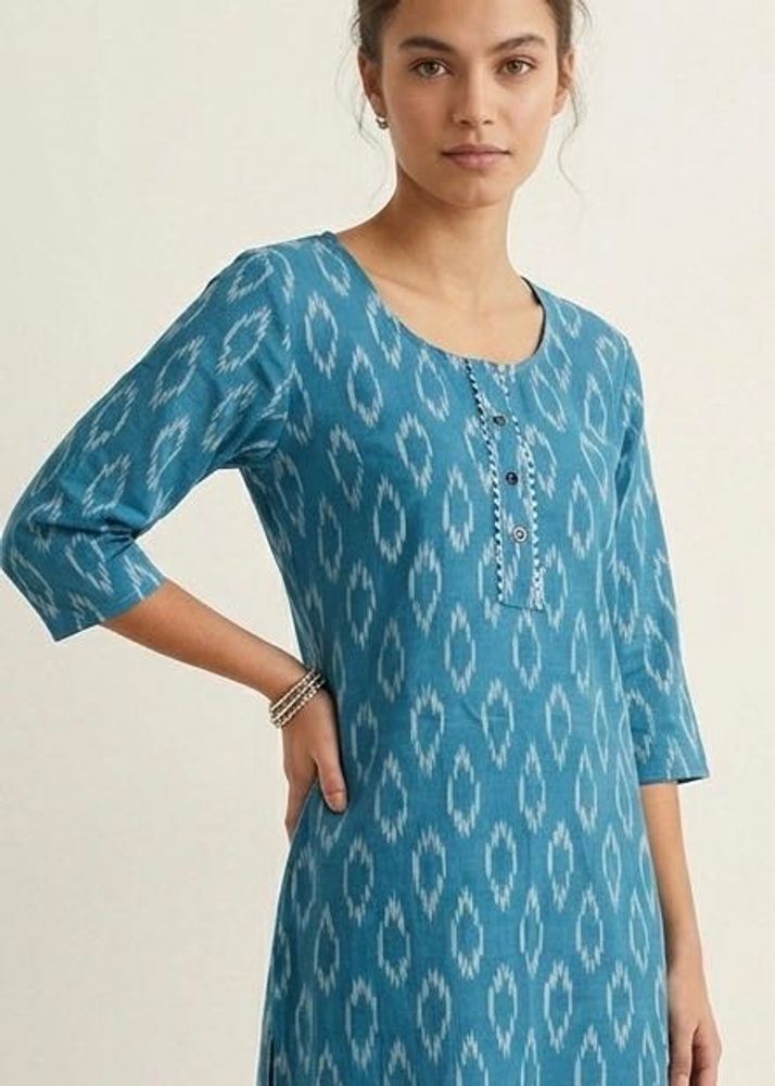 Stylish Teal Ikat Print Kurta