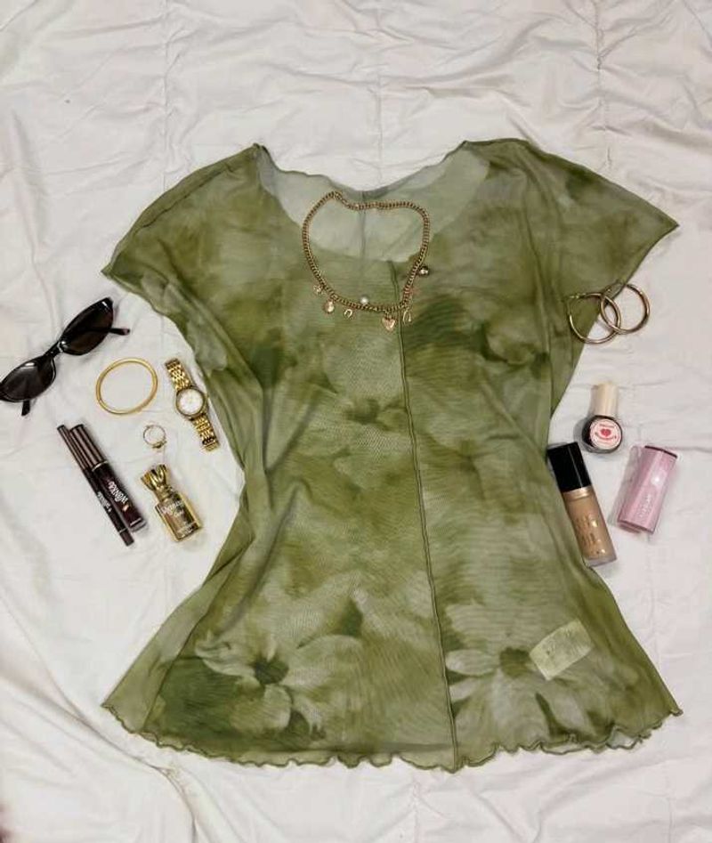 Sheer Green Floral Mesh Top